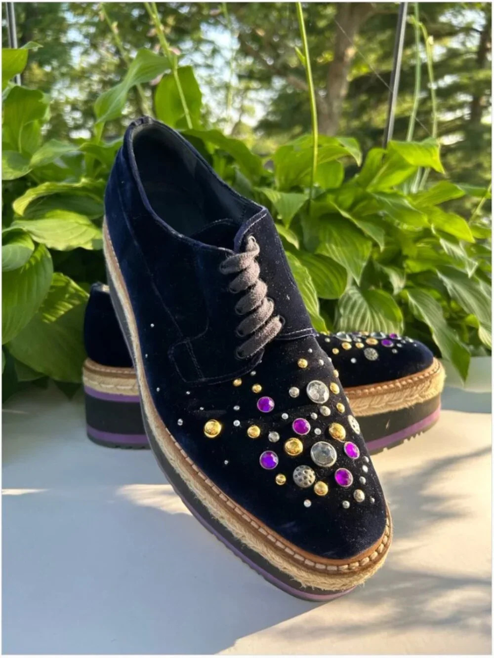 PRADA Velvet Platform Oxford Espadrille Embellished Crystals Shoes Size 40